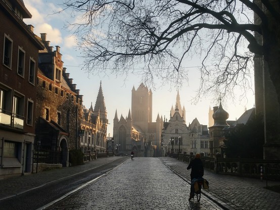 Early morning view from the St. Michael bridge on the 3 towers of Ghent.