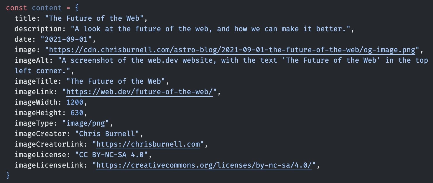 A snippet of Javascript describing a blog post titled "The Future of the Web" by Chris Burnell, fully generated by Github Copilot.