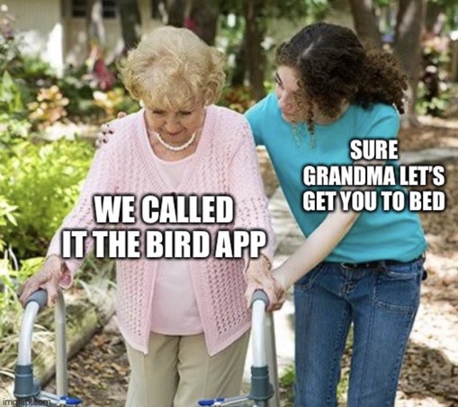 Meme. Senior woman pushing a walker. Younger woman helping her. 

Senior woman: We called it the bird app. 

Younger woman: Sure grandma let’s get you to bed