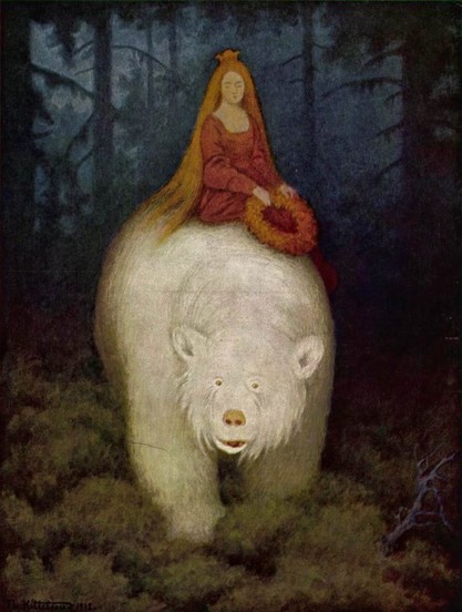 Theodor Kittelsen’s iconic illustration for White Bear King Valemon, which shows a princess holding a wreath as she rides on a white bear through a dark forest.