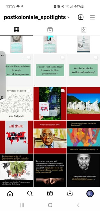 Screenshots verschiedener Slides auf Instagram  die Abbildungen zu Werken von Aime Cesaire, Stuart Hall und anderen Autor*innen zeigen.