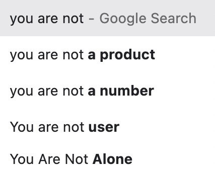 This is a screen grab of a Google Search result, which reads as follows.
you are not - Google Search
you are not a product
you are not a number
You are not a user
You Are Not Alone