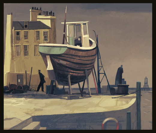 Illustration of a boat being repaired on a dockside while a priest says a prayer alongside it. 