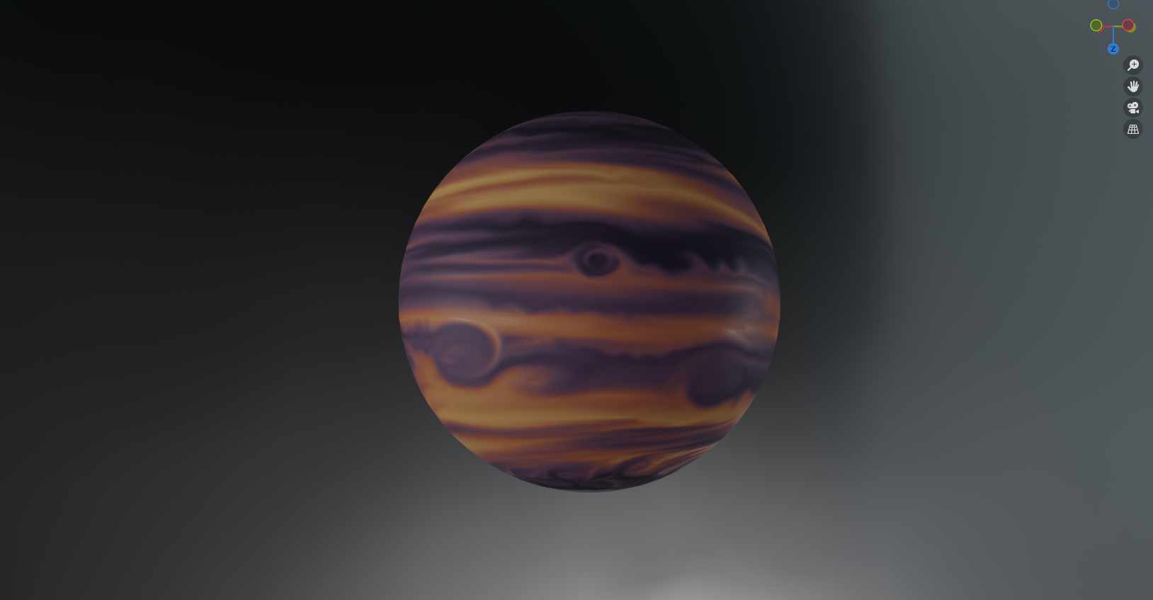 A 3D model of a red, brown, and purple gas giant with visible storms and turbulence across its equatorial bands