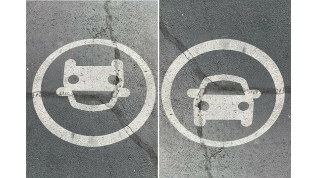 The same image viewed from two perspectives: the left image looks like a smiley face.  The right image looks like a car. This was taken in a parking lot, and probably "intends" to be a car.  But you see either interpretation depending on which way you park.