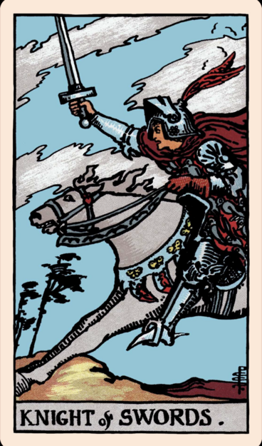 Knight of Swords Tarot card. Knight on horseback with sword held aloft. 