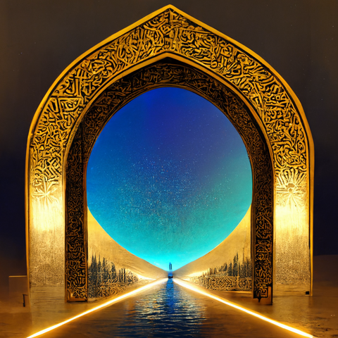 dimensional Arabic Arches with glowing blue portal, AI render