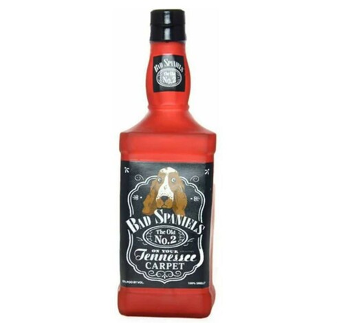 Picture of VIP Products' "Bad Spaniels" dog toy. It is shaped like a bottle of Jack Daniels, and says: "Bad Spaniels: The Old No. 2 on your Tennessee carpet."