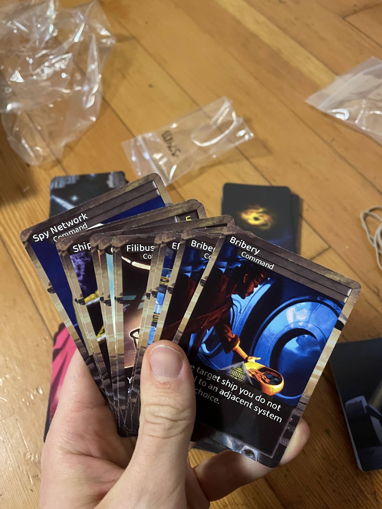 A handful of freshly printed cards for Star Commander from the Statecraft deck.