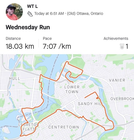 A map of the 18km run this morning, starting in Lowertown, crossing the Minto bridges, over to the Governor General's, along Sussex, across the bridge to Hull, along the Ottawa River, crossing back at the War Museum, then following the LRT line, then up to Parliament Hill, to OttawaU, then along the LRT line to the Rideau River, then along the river to Stranthcona Park.