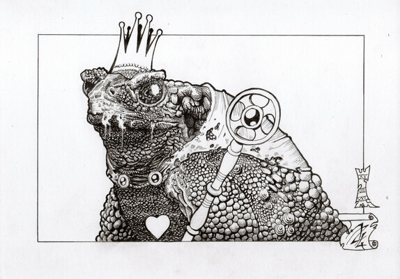 Dessin d'un crapaud portant une couronne,  un sceptre et une cape