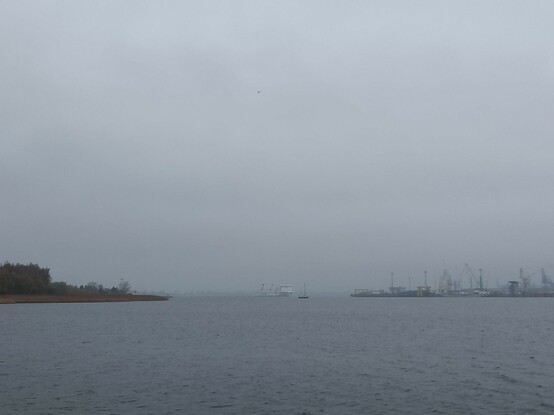 Blick auf die Warnow am Hafen von Rostock, eine Fähre der TT-Line läuft gerade ein.