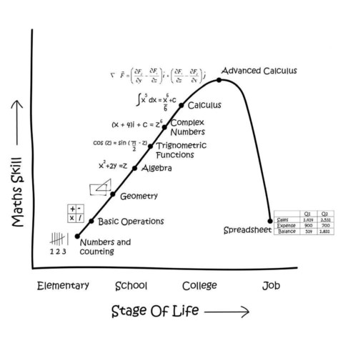 "Math Skill" by "Stage of Life" chart.

Math gets progressively more complex through college, until all the job requires is making spreadsheets.