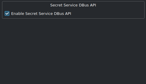 Screenshot of the KDE Wallet configuration section for "Secret Service DBus API"

The option labeled "Enable Secret Service DBus API" is checked

No other sections or options are shown