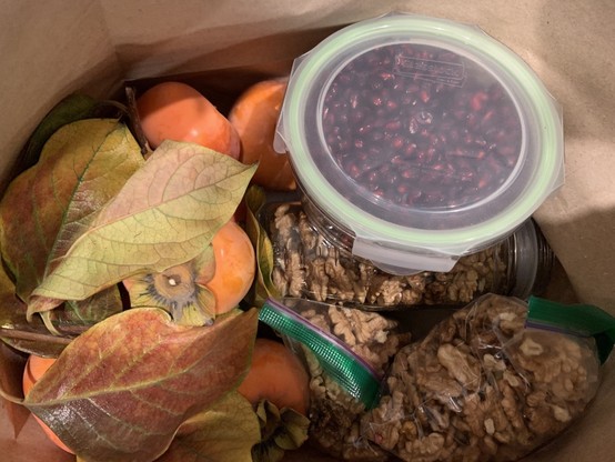 Brown paper bag with multiple persimmons, a container of seeded pomegranates, and multiple containers of walnut halves 