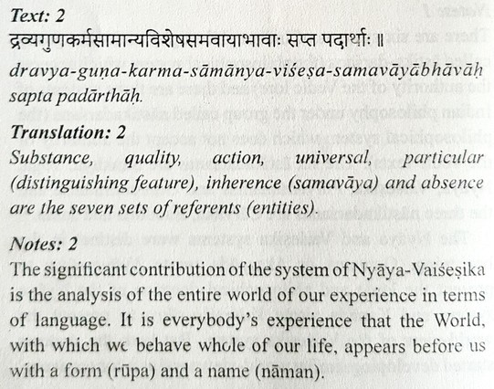 The second Sutra of Tarka-Sangraha that lists the seven referents (entities) that make up the universe, namely, substance, quality, action, universal, particular or distinguishing feature, inherence and absence.
