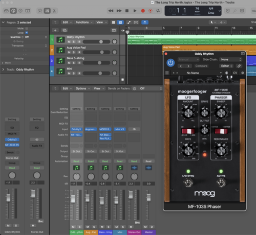 Action shot of the Moogerfooger Phaser plug-in being used in a Logic Pro track
