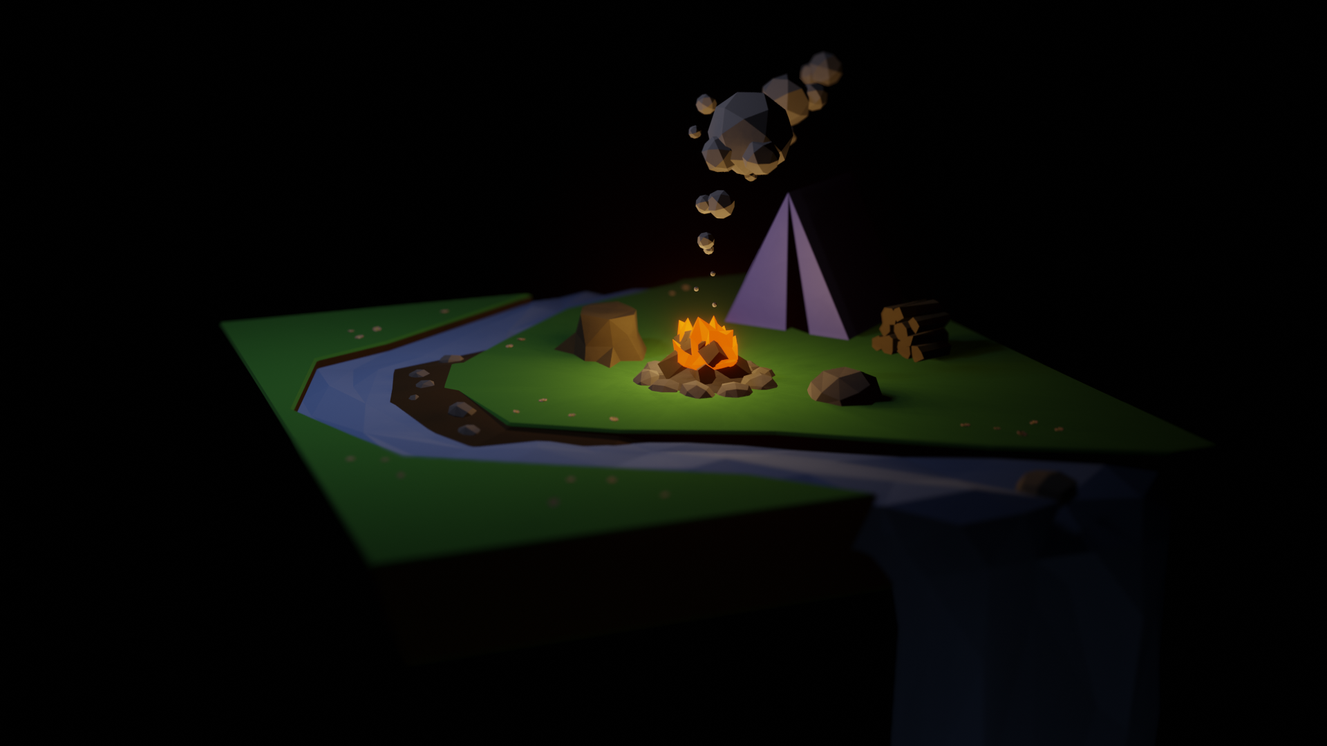 A low poly scene of a campfire in front of a blue tent at a river bend. A stack of firewood disappears into the shadows. A treestump and rock sit near the fire, lit by its cozy light. The smoke above has a ruddy glow