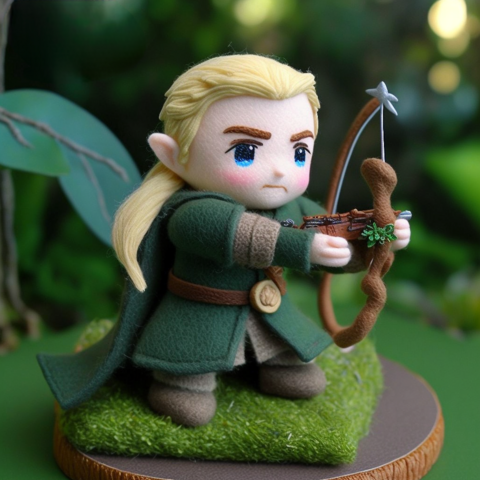 Legolas in Filz: ein langhaariger blonder Elb in grünem Gewand schießt mit Pfeil und Bogen