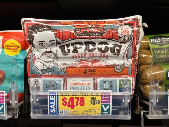 Pack of Upton's "Updog" vegan hot dogs.