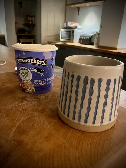 Ben And Jerry’s ice cream and a cup of tea.