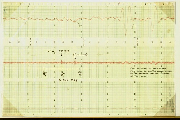 The printout where Bell and Hewish noticed the regular signal associated with the pulsar.It is a green-yellow graph paper with a staticky red line showing occasional spikes. There are hand annotations labeling the spikes and recording the time and date of each one.