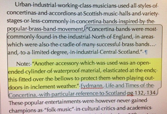 Footnote from my Accordion Revolution annotated addition. “Another accessory which was used was an open ended cylinder of waterproof material, elasticized at the ends; this fitted over the bellows to protect them when playing outdoors in inclement weather.“ From Stuart Eydmann‘s life and Times of the concertina.