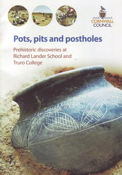 The cover of the booklet 'Pots, Pits and Postholes', featuring a photo of an engraved prehistoric pot half-buried in the sand.