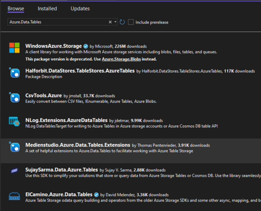 Screenshot of managing NuGet packages in Visual Studio, searching for Azure.Data.Tables