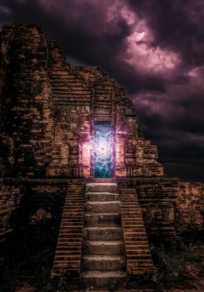 A crumbling stone structure has a trio of adjacent staircases leading up to a wall with a doorway. The middle staircase has steps 3 times the size of the side staircases. The doorway is filled with a shimmering blue plane of light, and a chaotic mess of purple and white light is coming out of the middle in roughly circular patterns. The sky is completely overcast, filled with purple and grey clouds.