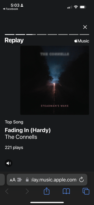 Apple Music year-end replay graphic showing Fading In (Hardy) by the Connells as being played 221 times by me in 2022. The graphic is the album cover from Steadman’s Wake by the Connells, which is a nighttime shot of a car approaching in the far distance, headlights on, with the band and album names.