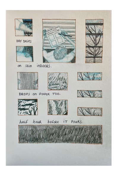 Haiku Comic with panels showing weather changing from blue sky to clouds to heavy rain and a character studying how rain is drawn in comics. And showing the character sensing the rain and feeling it drop on the skin while inside working before it rains outside. The haiku words are: dry drips on skin indoors. drops on paper too.  half hour before it pours. 