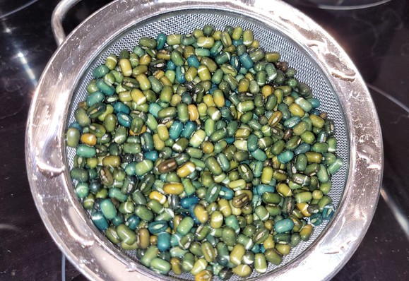 Die eingeweichten Urdbohnen vor dem Kochen, zum Abtropfen in einem Sieb,. Sie sind gelb-grün mit unterschiedlichen Farbtönen, teilweise fast türkis, die Haut ist bei vielen aufgerissen. 