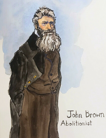 Watercolor sketch of John Brown, abolitionist. He is shown with his great white beard, a heavy brown cloak and a waistcoat.