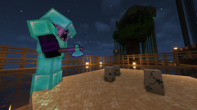 Minecraft player in full diamond armour standing on some sand babysitting turtles eggs while menacingly holding a diamond axe.