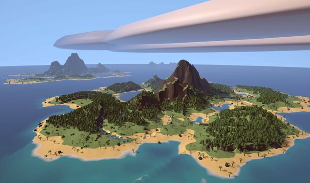 Screenshot of game with several tropical islands visible from altitude.