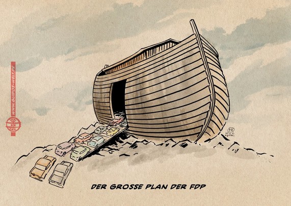 Cartoon, Zeichnung. Wir sehen eine biblische Arche in die paarweise Autos fahren. Text: Der große Plan der FDP