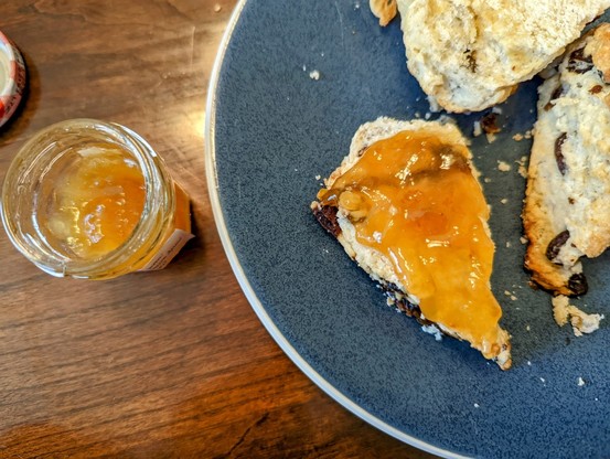 Plum Linden Blossom Spread on a raisin scone. I had to stir it up a bit bc it separated. It's (you're tired of hearing this) a pleasant orange color, but no discernable evidence of a fruit (rind, fiber, etc)