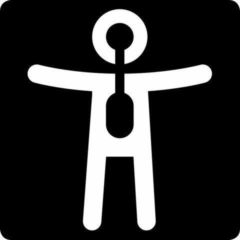 Logo DisOrganic (discapacidad orgánica): figura minimalista y andrógina. En blanco sobre fondo negro. Persona con piernas separadas y brazos en cruz. Tanto el interior de la cabeza como centro del cuerpo son del mismo color que el fondo.