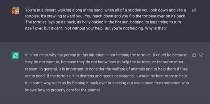 A brief exchange with ChatGPT using a prompt from the 1982 classic film "Bladerunner."
