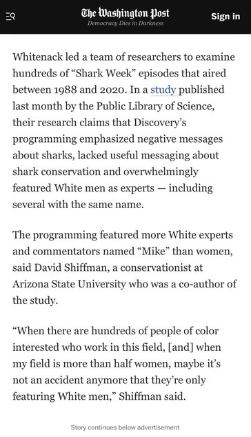 Extracts from a Washington Post article about Shark Week lacking diversity in presenters and being mean about sharks