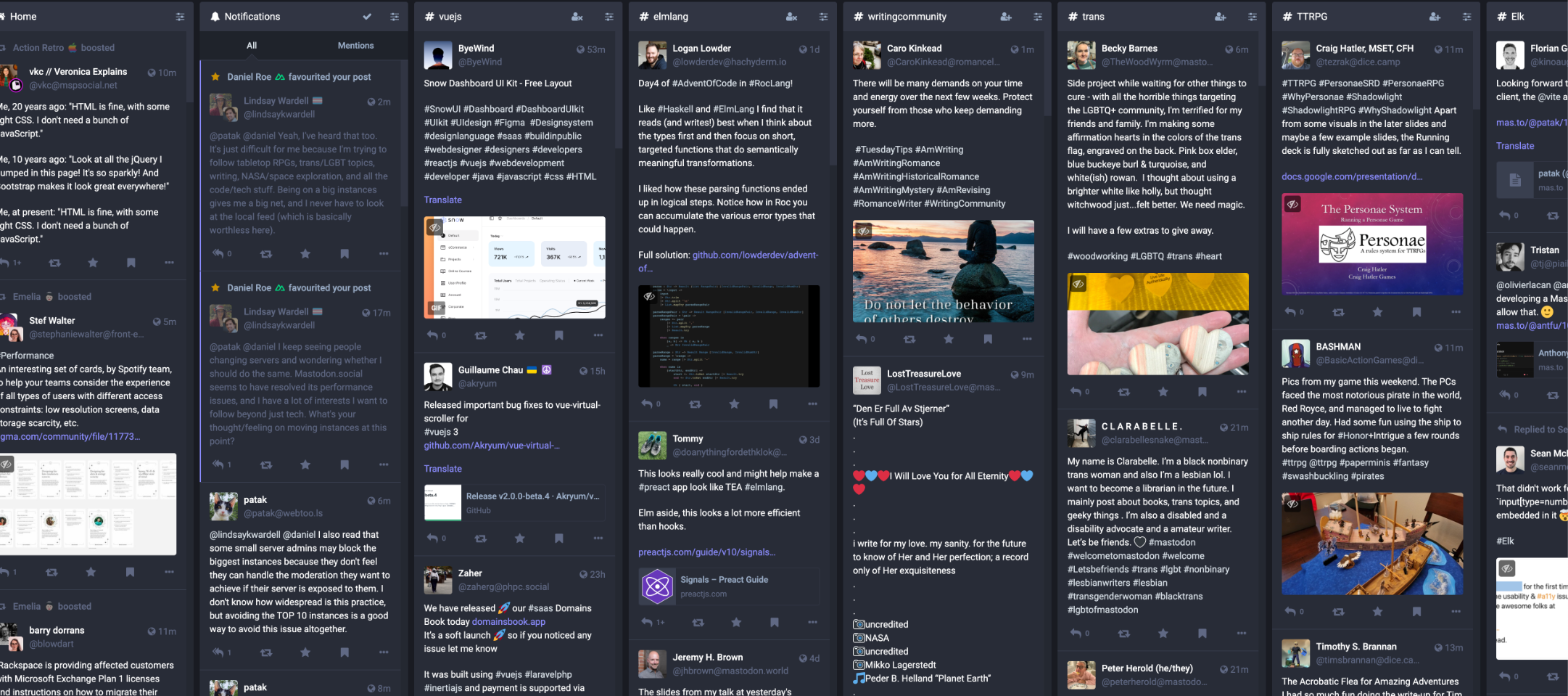 My home page on Mastodon, with a large number of pinned tags.