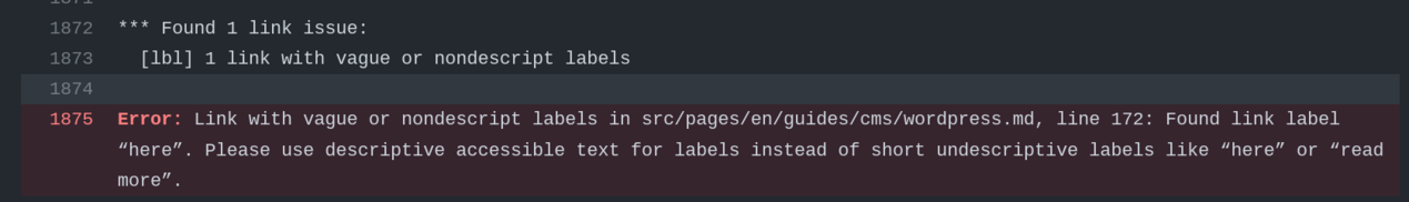When viewing the failing test results: Found 1 link issue: 1 link with vague or non-descriptive labels. Found link label "here." Please use descriptive, accessible text for labels instead of short, undescriptive labels like "here" or "read more."
