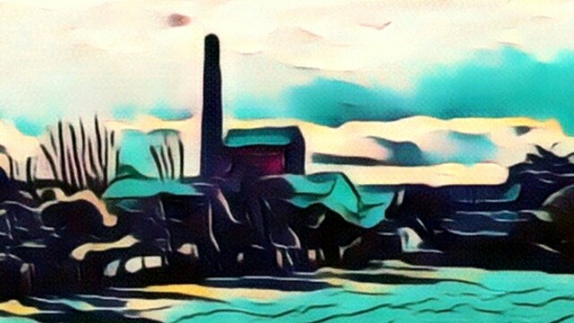 A drawing of a winter scene of a mine and chimney covered in snow 