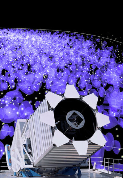 The Sloan Digital Sky Survey telescope is displayed in the foreground of a map of the reconstructed density field.