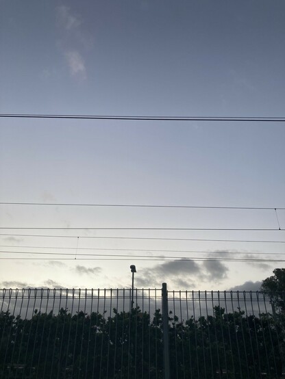 Pale evening sky witha scattering of clouds low in the image, crossed by multiple horizontal electrical wires. One lonely light and a slight hint of shrubbery at bottom of image.