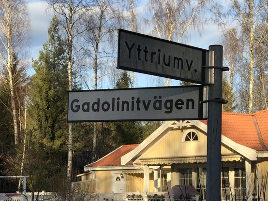 A photograph of street signs for roads named after the elements yttrium and gadolinium