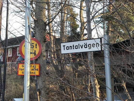 A picture of a street sign for a road named after the element tantalum 