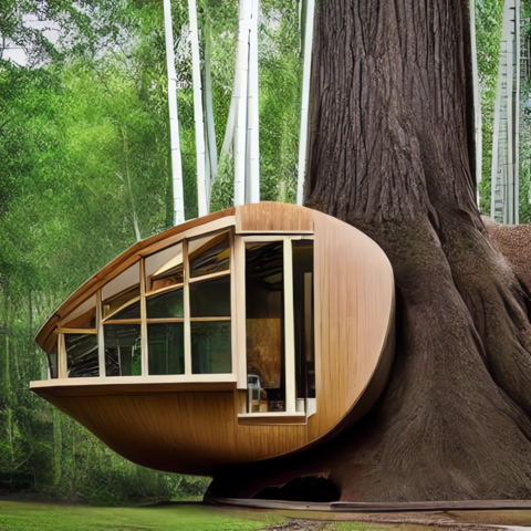 Stable Diffusion AI picture with these prompts

A home office that is built inside a giant tree, with large windows that offer a view of the surrounding forest. The office would be constructed using sustainable materials such as bamboo or recycled plastic, and would feature a state-of-the-art communication and computing system.