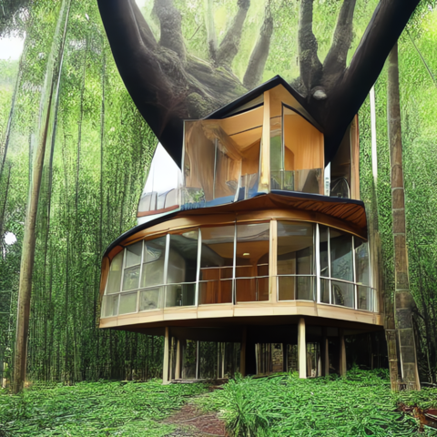 Stable Diffusion AI picture with these prompts

A home office that is built inside a giant tree, with large windows that offer a view of the surrounding forest. The office would be constructed using sustainable materials such as bamboo or recycled plastic, and would feature a state-of-the-art communication and computing system.